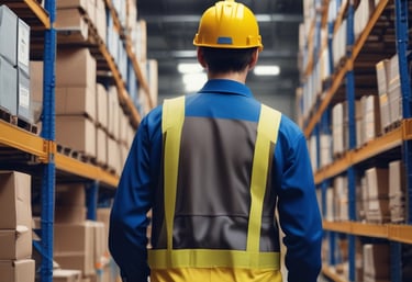 A delivery person wearing a black and yellow uniform is walking with a parcel in hand. The scene appears to be in an urban area, near a building entrance, with a parked vehicle visible in the foreground. The environment looks subdued and industrial, with concrete surfaces and muted tones.