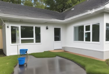 A dry cleaning shop named 'HLP Cleaners' is located on a dimly lit street. The store has a prominent sign above the entrance, and its windows are illuminated with a warm yellow light. A sign on the door lists services such as dry cleaning, laundry, and suede & leather cleaning. The building exterior is simple with a combination of dark tiles and light-colored upper walls. The entrance is flanked by two closed doors, likely of neighboring establishments.