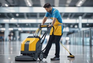 A person in a cleaning uniform is pushing a floor cleaning machine in front of a large wall made of blue-tinted glass blocks. The shadowed silhouette of another person is visible in the foreground, captured mid-step, creating a dynamic sense of motion.