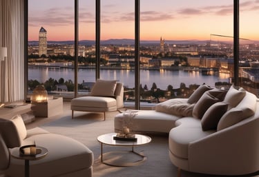 A tall, modern skyscraper with a sleek, geometric design features numerous windows and balconies. The foreground displays a sign advertising luxury penthouse suites with information on sales and rentals. Several small trees and flagpoles are lined up on the terrace, adding a touch of greenery to the urban setting.