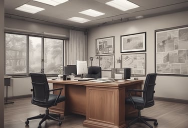 A brick building surrounded by lush greenery and vibrant flowers. The entrance is adorned with a sign reading 'Munro & Crawford, Barristers & Solicitors' and 'Notaries Public'. The address '5670 Yew Street' is displayed on a separate sign. There is a variety of foliage, including a large tree and shrubs with red and yellow flowers. A person is seated on a bench near the entrance, partially obscured by the plants.