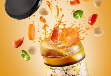 jar of sauce with exploding cut vegetables