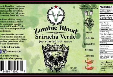 nutritional panel and label for Vital Eats Sriracha Verde hot sauce