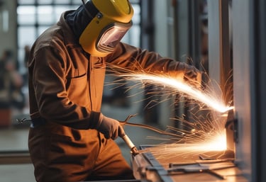 A person wearing protective gear and a camouflage jacket is welding a metal structure, with sparks flying in a dimly lit industrial setting. The metal frame looks like it could be part of a trailer or similar equipment.
