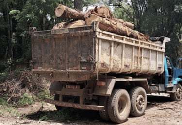 a truck with a large pile of wood logs in the back of it