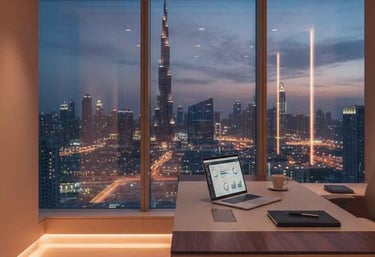 Elegant Dubai office at dusk with skyline view, symbolizing private real estate investment consultations.