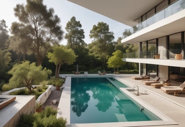 A clean and well-maintained swimming pool surrounded by a beautiful garden.