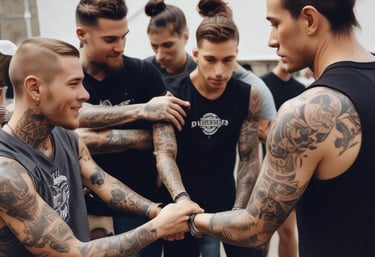 e gathered around a young girl, placing their hands gently on her shoulders in a supportive gesture. They seem to be outdoors, with trees and a small building visible in the background. The scene co