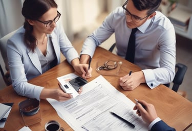 A professional consultation setting with a medical professional sitting at a desk facing a client. The room has a modern aesthetic with white walls decorated with framed certificates. The desk is organized with office supplies, a laptop, and a fruit bowl in the center.