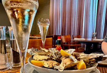 a plate of oysters and glasses of champagne