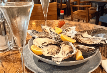 Glasses of champagne and a plate of oysters
