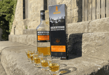 Bottle of Auchentoshan Whisky with whisky glassed on stone steps