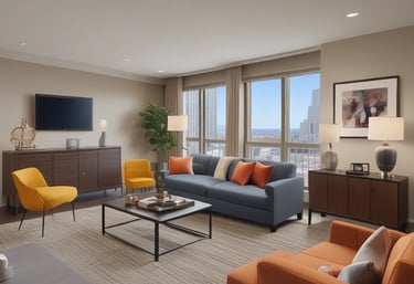 A modern, well-furnished living space with a cozy atmosphere and ample natural light.