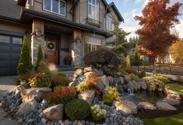 a house with a rock garden and bushes, and waterfall in the front
