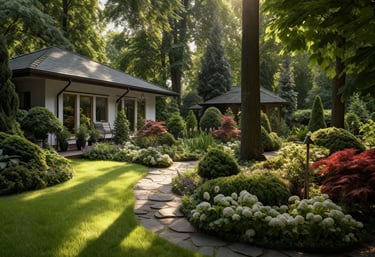 a house with a stone path leading to a flower garden