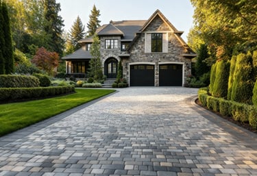 a driveway with light and dark pavers, and a dark border all around