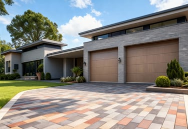 a house with a multi-color driveway