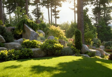 a hill garden with large stones, bushes, lawn, and trees