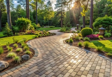 a winding paver walkway with flower beds, lawn, and trees lining the sides
