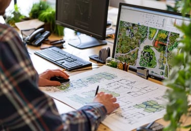 a man sitting at a desk with a computer creating a design