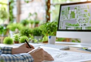 a man is sitting at a desk with a computer and a pen