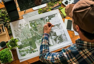 a man is sitting at a desk creating a landscape plan