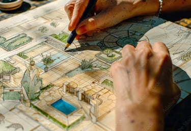 a person is drawing a master plan of a landscape design