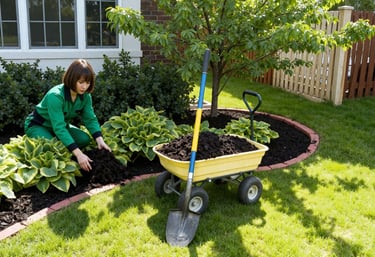 a woman in a green outfit is kneeling down to spread mulch