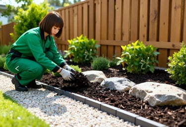 a woman in a green uniform is kneeling down to put mulch in a flower bed