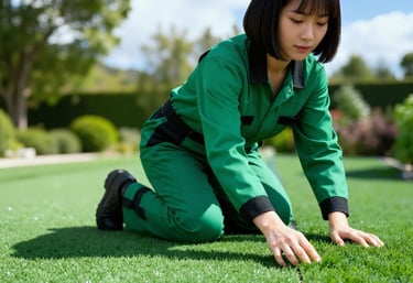 a woman in a green uniform is kneeling on synthetic grass