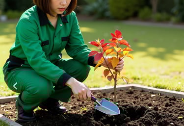 a woman in a green jacket is planting a plant in a flower bed