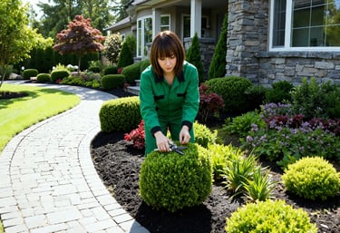 a woman is pruning a boxwood bush in a flower bed