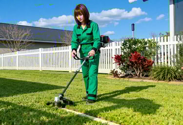 a woman in green overalls is using a weed trimmer