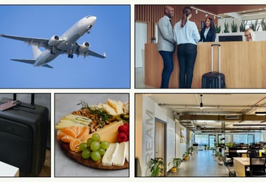 a collage of pictures of a travel, food and workspace - Customizable packages