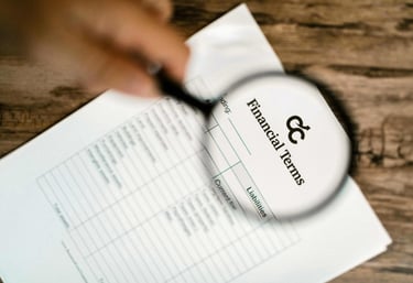 A maginfying glass hovering over a piece of paper with the and the words 'Financial Terms'