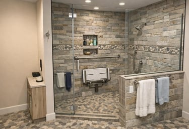 ADA-accessible bathroom with walk-in shower, grab bars, and bench