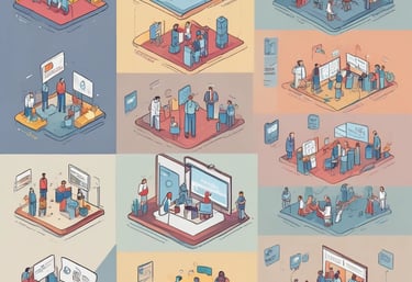 A smart display device sits on a white kitchen counter against a backdrop of white tiled walls. The screen displays various interactive options such as Find food recipes, Play videos, Manage photos, and Check news, each represented by images.