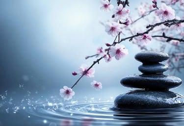 Poole of water with stones balanced and a Japanese bloom tree