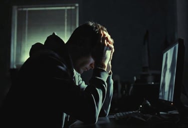 Stressed man in a dark room holding his head while sitting at a computer desk.