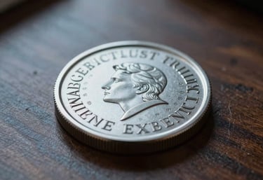 Close up of an encrypted physical token on a dark polished wooden desk, soft focused lighting, Mist Gray and Soft Blue palette, evoking sovereign trust and French excellence.