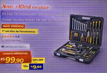 Jogo de ferramentas completo 129 peças com maleta, alicates e chaves para manutenção doméstica.