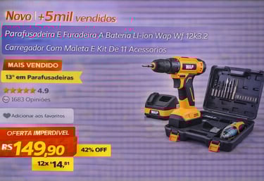 Parafusadeira e furadeira a bateria WAP 12V com maleta e kit de 11 acessórios em oferta.