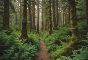 A serene forest path lined with lush green plants under soft sunlight.