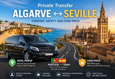 Private car transfer service between Algarve and Seville featuring a luxury black van with a scenic backdrop.
