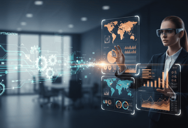 interaccion con gráficos de datos holográficos y mapas globales para la optimización empresarial.