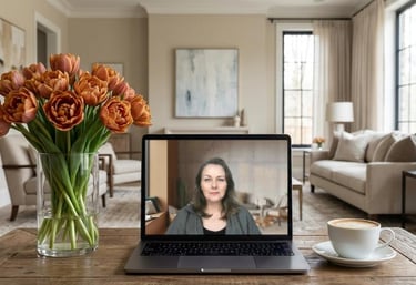 Woman on a remote video call via laptop in a cozy home office with tulips and coffee.