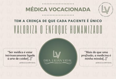 Um pôster com três frases médicas uma em cada lado e em cima, centralizado um logotipo de uma médica