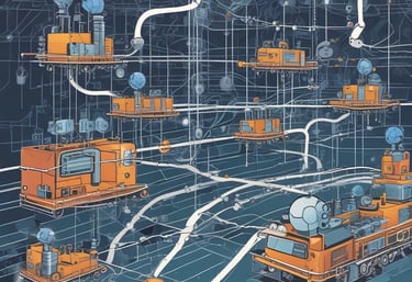 A high-tech server with multiple metal storage units connected through cables on a glossy blue surface, giving a futuristic impression.