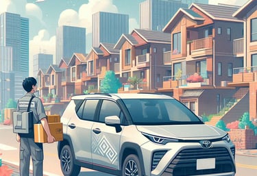 a man is walking to the vehicle with a box