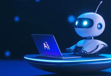 robot blanc utilisant un ordinateur avec inscription "AI"